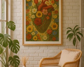 Anatomical Heart Floral Print | Botanical Heart Wall Art | Vintage Gothic Decor | Dark Academia Poster | Digital Download