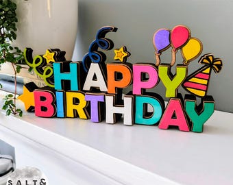 Letrero de Feliz Cumpleaños multicapa cortado con láser SVG: Decoración para fiestas en 3D (Descarga digital para Glowforge)