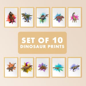 10 imprimibles de dinosaurios / Decoración de dinosaurios jurásicos / Arte de pared para habitación de niños / Póster con nombre de dinosaurio / Arte infantil / Ilustraciones de T-Rex y Carnotaurus