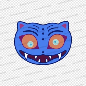 Puede incluir: Una cara de gato de dibujos animados azul con ojos naranjas, pupilas turquesas y dientes blancos afilados. El gato tiene una amplia sonrisa y es una ilustraci&oacute;n estilizada. El texto "InstantEditDesign" se repite.