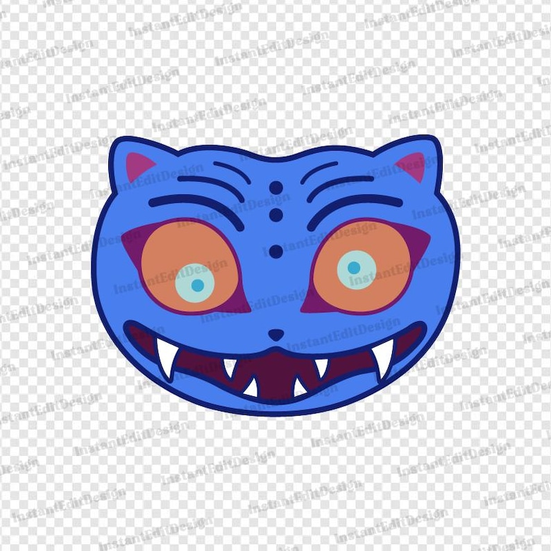 Puede incluir: Una cara de gato de dibujos animados azul con ojos naranjas, pupilas turquesas y dientes blancos afilados. El gato tiene una amplia sonrisa y es una ilustraci&oacute;n estilizada. El texto "InstantEditDesign" se repite.