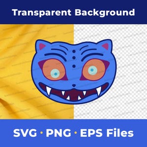 May include: A blue cartoon cat face with orange eyes, purple eyelids, and sharp white teeth. The image includes the text "Transparent Background" at the top and "SVG • PNG • EPS Files" at the bottom.