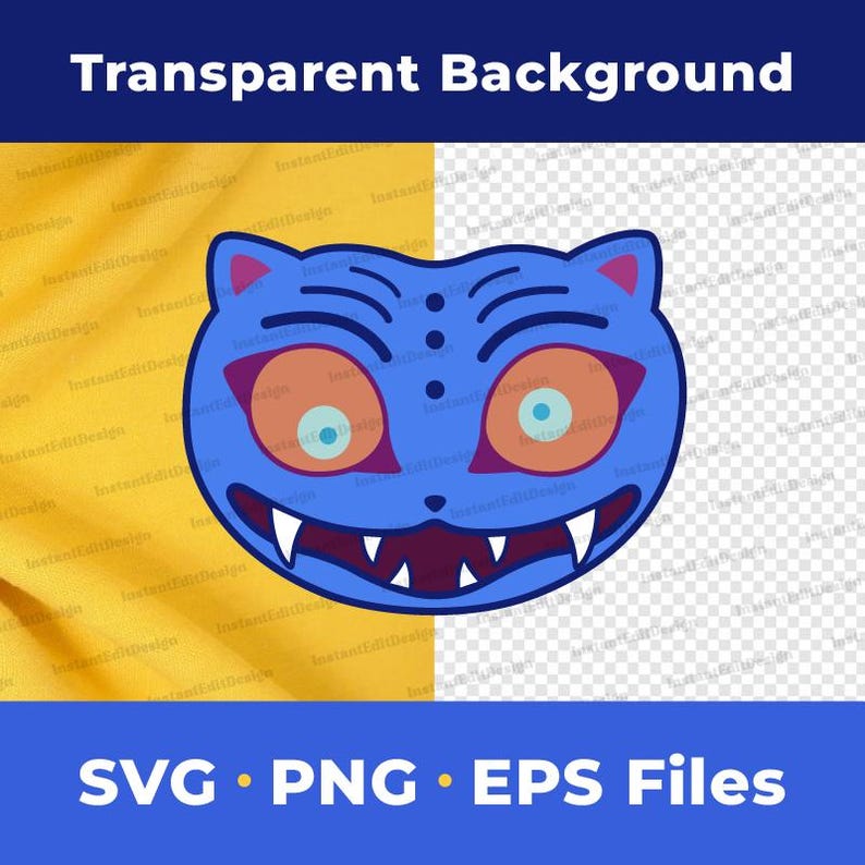 Puede incluir: Una cara de gato de dibujos animados azul con ojos naranjas, p&aacute;rpados morados y dientes blancos afilados. La imagen incluye el texto "Transparent Background" en la parte superior y "SVG &bull; PNG &bull; EPS Files" en la parte inferior.