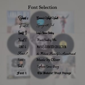 May include: An image titled "Font Selection" displays various font styles with sample text. The fonts are paired with names like "Emma's Vinyl Vault" and "Music by Oliver", showcasing different design options for text-based projects.