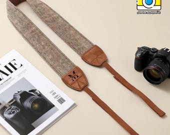 Bandoulière personnalisée pour appareil photo - Courroie de cou en coton et cuir pour reflex numérique, design vintage réduisant la pression, cadeau personnalisable pour photographe