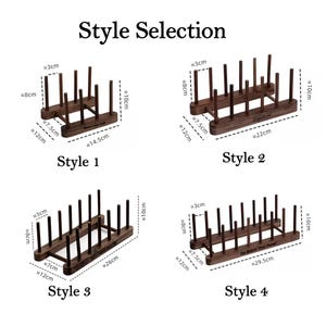 May include: Wooden plate rack options, labeled Style 1 through 4, with dimensions in centimeters. Each rack features vertical pegs for holding plates. The image includes the text "Style Selection".