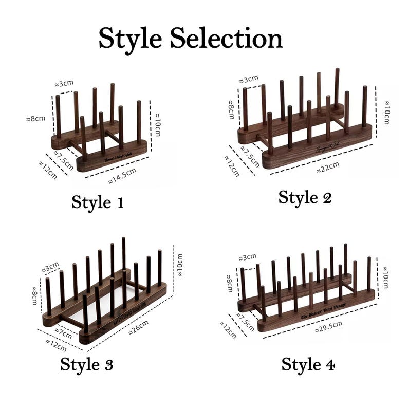 May include: Wooden plate rack options, labeled Style 1 through 4, with dimensions in centimeters. Each rack features vertical pegs for holding plates. The image includes the text "Style Selection".
