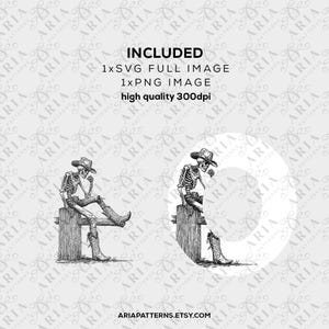 May include: Black and white digital illustration of a skeleton cowboy sitting on a fence, wearing a hat and boots. The image includes text that says "INCLUDED" and "high quality 300dpi".