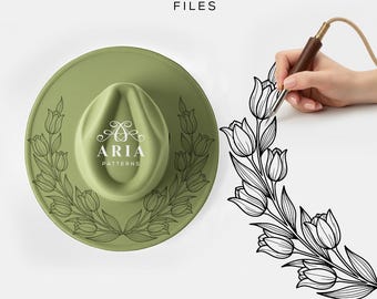 Tulip Floral Wreath, Wide Brim Hat Template, Laser Engraving Hat File, Burned Hat, Hat Burning (SVG, PNG, PDF)