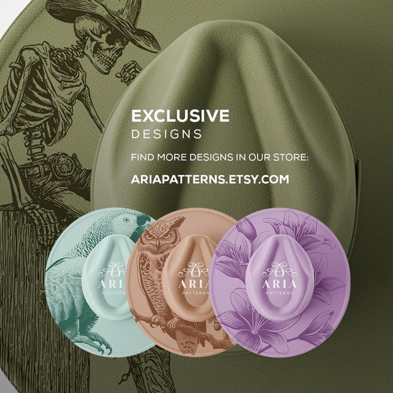 May include: An olive green cowboy hat with a skeleton illustration and the text "EXCLUSIVE DESIGNS". Below are three hat designs with bird and floral illustrations. The text "ARIAPATTERNS.ETSY.COM" is also visible.