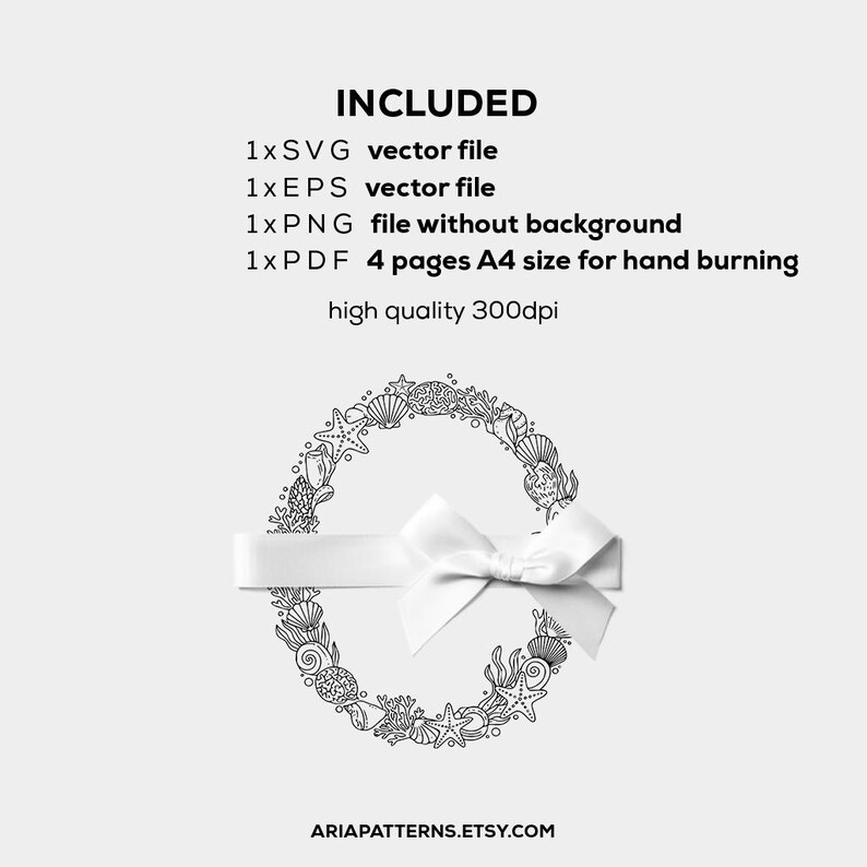 May include: A black and white line art wreath design featuring seashells, starfish, and coral, tied with a white ribbon. The image includes text indicating the file types included: SVG, EPS, PNG, and PDF. The text also states the image is high quality 300dpi.