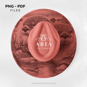 May include: A round, coral-colored illustration featuring two otters in a river scene. A coral-colored oval shape with the text "ARIA PATTERNS" is in the foreground. The words "PNG - PDF FILES" are in the upper left corner.