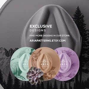 May include: A collection of stylish hats with unique designs, including an owl, parrot, and floral patterns. The image features the text "EXCLUSIVE DESIGNS" and the Etsy shop URL "ARIAPATTERNS.ETSY.COM". The hats are in various colors, with a succulent in the foreground.
