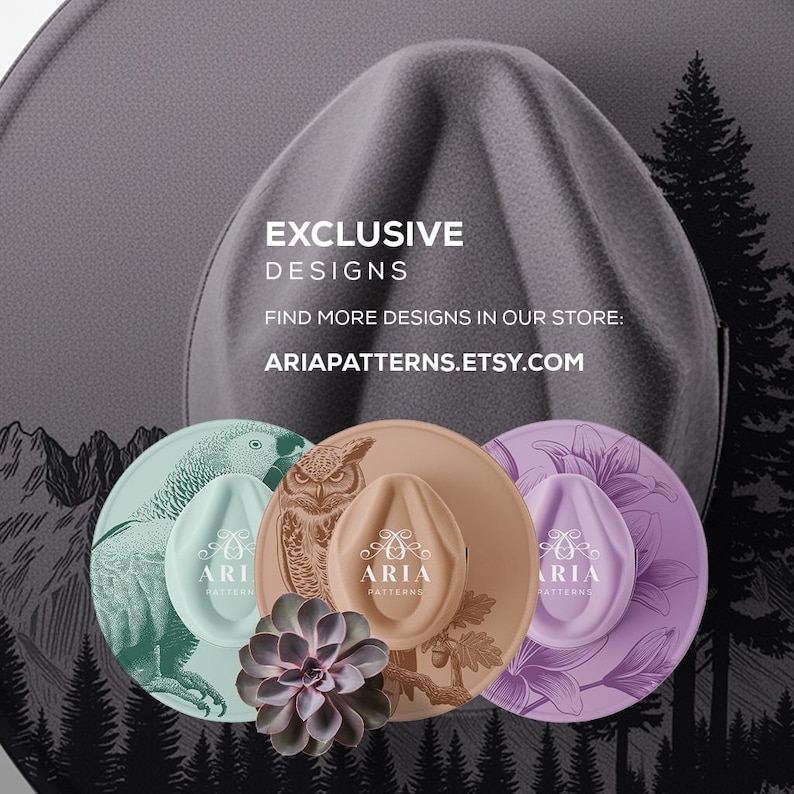 May include: A collection of stylish hats with unique designs, including an owl, parrot, and floral patterns. The image features the text "EXCLUSIVE DESIGNS" and the Etsy shop URL "ARIAPATTERNS.ETSY.COM". The hats are in various colors, with a succulent in the foreground.