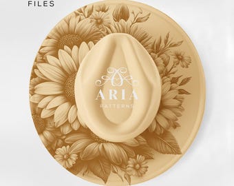 Sunflower Wide Brim Hat Template, Floral Pyrography Design (PNG, PDF)