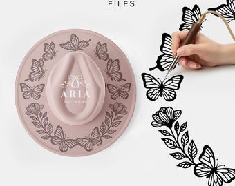 Butterflies and Flowers Wreath, Wide Brim Hat Template, Laser Engraving Hat File, Burned Hat, Hat Burning (SVG, PNG, PDF)