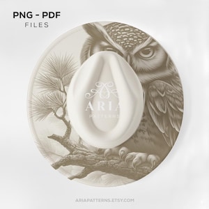 May include: A cream-colored hat with a detailed illustration of an owl perched on a branch. The hat features the text "ARIA PATTERNS" and "PNG - PDF FILES". The owl is depicted in shades of brown and beige.