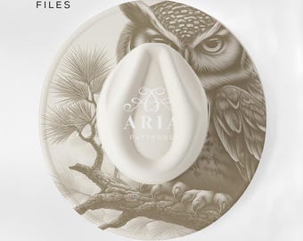 Owl on Tree Branch Hat Template, Pyrography Design (PNG, PDF)