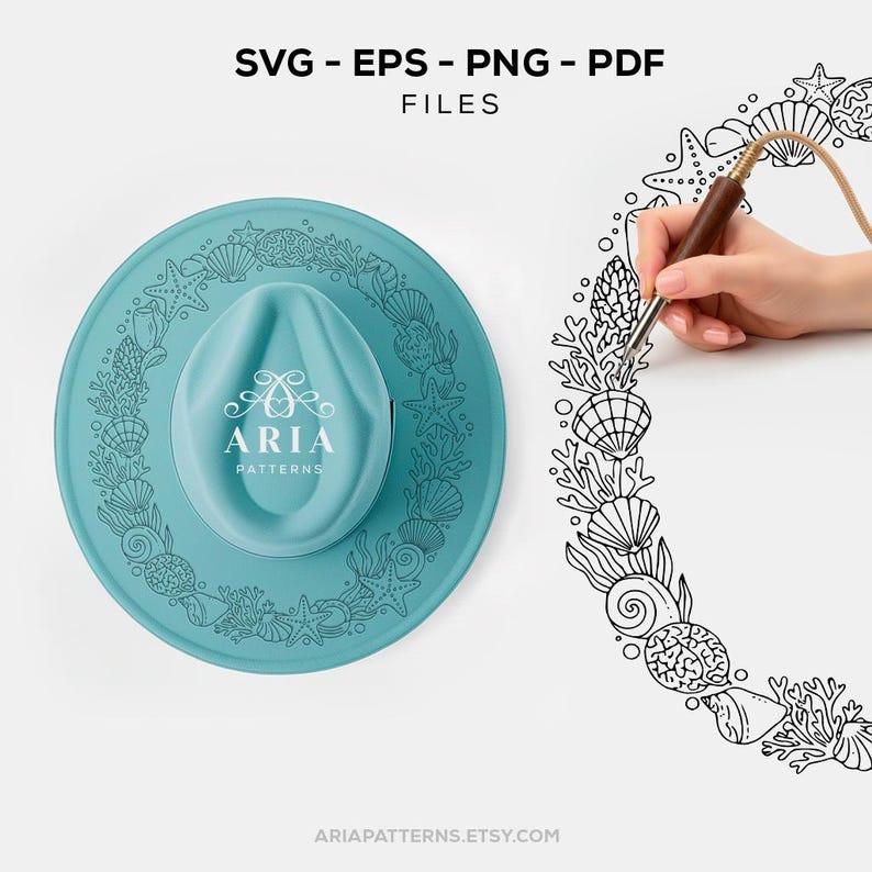 May include: A teal-colored hat with a seashell design and the text "ARIA PATTERNS". The image also features the text "SVG - EPS - PNG - PDF FILES" and "ARIAPATTERNS.ETSY.COM". A hand is drawing a seashell border.