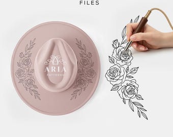 Rose Floral Pyrography Hat Template, Wide Brim Design (SVG, PNG, PDF)