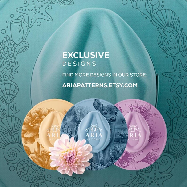 May include: An image showcasing exclusive designs with the text "EXCLUSIVE DESIGNS" and "FIND MORE DESIGNS IN OUR STORE: ARIAPATTERNS.ETSY.COM". The design features a teal hat shape with three circular designs, each with a hat shape and floral or animal illustrations.