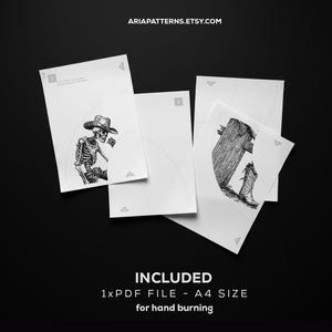 May include: A collection of white A4-sized paper sheets with black illustrations, including a skeleton in a cowboy hat and a cowboy boot. The text "ARIA PATTERNS.ETSY.COM" is at the top. The text "INCLUDED 1xPDF FILE - A4 SIZE for hand burning" is at the bottom.
