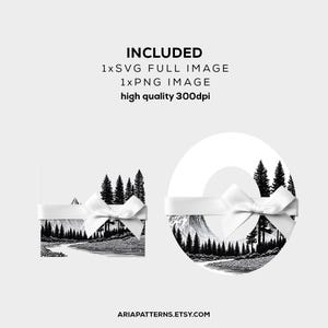 May include: Black and white landscape illustrations of a mountain scene with trees and a river, tied with a white ribbon and bow. The text "INCLUDED" and "high quality 300dpi" is visible.