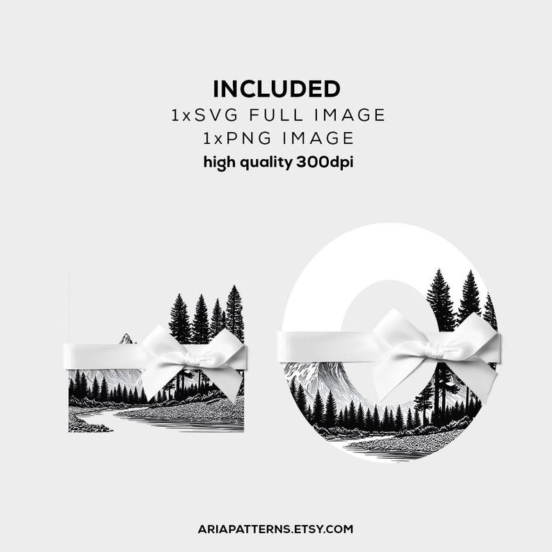 May include: Black and white landscape illustrations of a mountain scene with trees and a river, tied with a white ribbon and bow. The text "INCLUDED" and "high quality 300dpi" is visible.