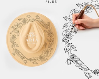 Rose & Feathers Hat Engraving Template, Floral Pyrography Design (SVG, PNG, PDF)