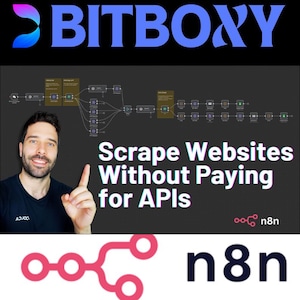 May include: Image featuring the Bitboxy logo in blue. Below, a man gestures towards a diagram with the text "Scrape Websites Without Paying for APIs." The n8n logo is also present, with a pink network design and the n8n text.