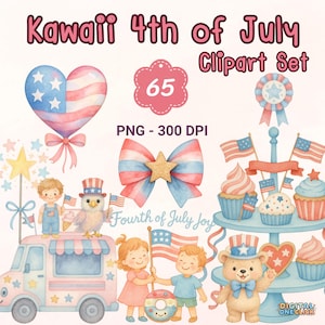 Kawaii 4th of July Clipart Bundle: Patriotic PNG Set (Digital Download, 65 Files)