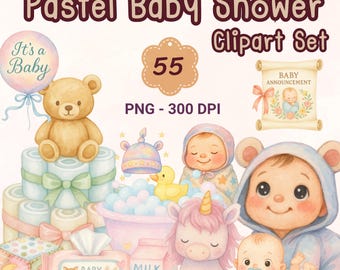 Pastel Baby Shower Clipart Bundle, Newborn PNG Set (Digital Download)