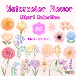 Watercolor Flower Clipart, Pastel Floral PNG Set, Botanical Flower Illustrations for Crafts & Design