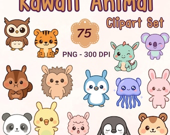 Kawaii Animal Clipart Bundle, Pastel Cartoon PNG Stickers (75)
