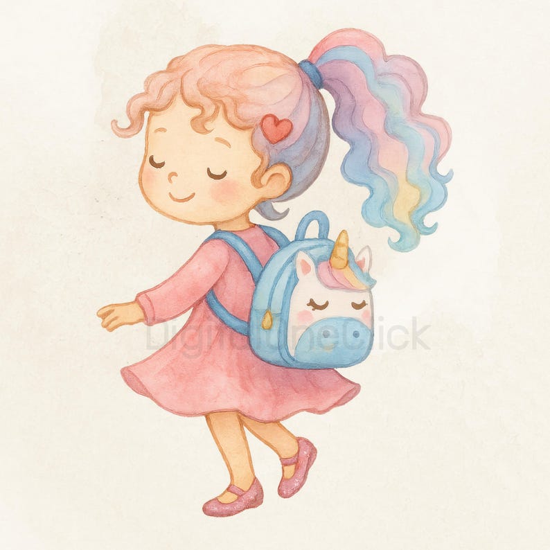 May include: Watercolor illustration of a young girl with pink hair and a pink dress, carrying a light blue unicorn backpack. Her ponytail is a mix of pastel colors. The image has a soft, whimsical feel.