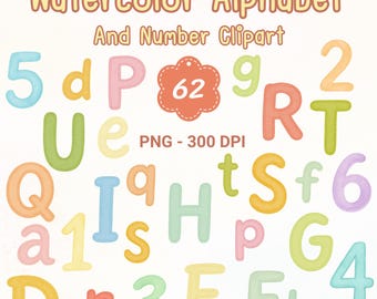 Watercolor Alphabet Clipart, Pastel Letter and Number PNG, Soft Hand-Painted Font for Kids & Crafts