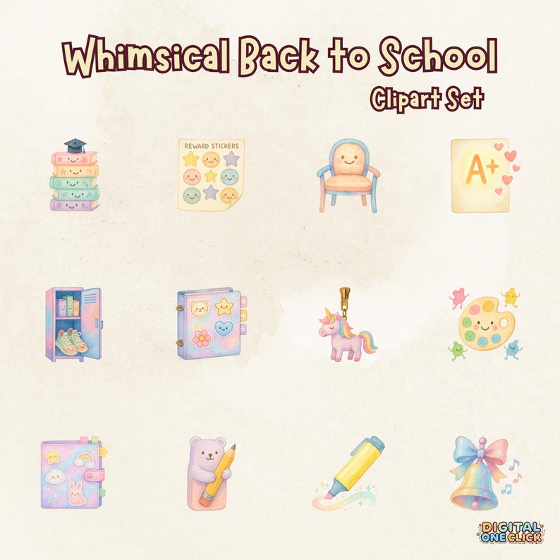 May include: A watercolor clipart set titled "Whimsical Back to School" featuring various school-themed illustrations. Includes a stack of books, stickers, a chair, an A+ paper, a locker, a notebook, a unicorn, a palette, a journal, a bear with a pencil, a highlighter, and a bell.