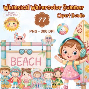 Watercolor Summer Clipart Bundle | Cute Beach Kids, Ice Cream, Pool Fun PNG, Tropical Digital Download