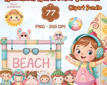 Watercolor Summer Clipart Bundle: Beach Kids, Pool Fun (Digital Download)