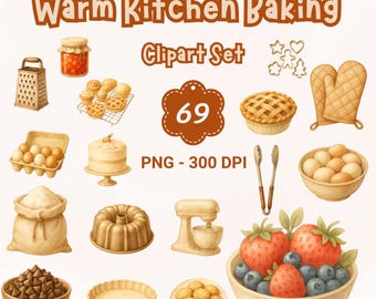 Cozy Baking Clipart Set: Kitchen Utensils, Bread, Pastries (PNG Bundle) (Digital Download