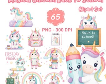 Unicorn Back to School Clipart: Pastel Illustrations (65 PNG Files, Digital Download