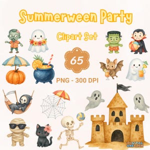 Summerween Party Clipart Set | Cute Halloween Beach PNG | Pastel Zombie Ghost Sublimation