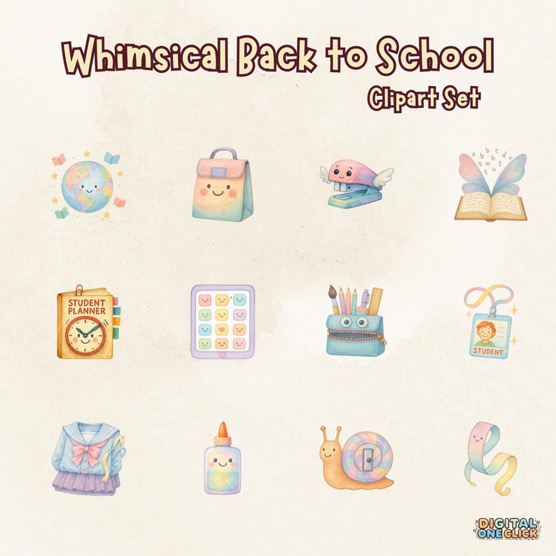 May include: A watercolor clipart set titled "Whimsical Back to School" featuring various school-themed illustrations. Includes a smiling globe, lunch bag, stapler, open book with wings, student planner, tablet, pencil case, student ID, uniform, glue bottle, snail, and a ribbon.