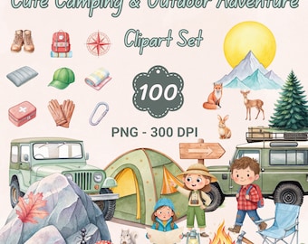 Camping Clipart Set: 100+ PNGs, Kids Scouts, Tents (Digital Download)