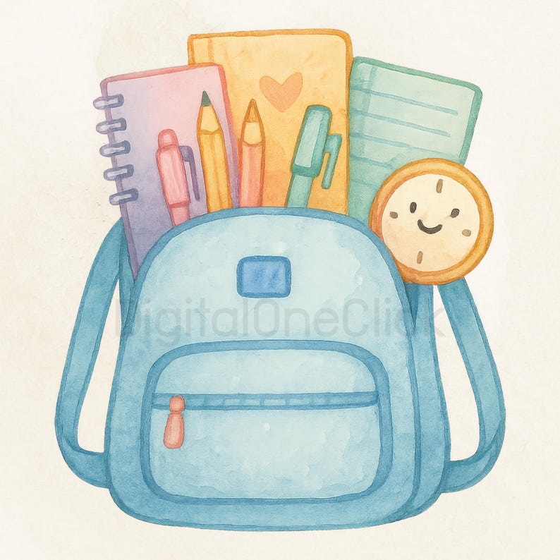 May include: Watercolor illustration of a blue backpack filled with school supplies. The backpack contains a spiral notebook, pencils, pens, and a clock. The image has a light, airy feel, perfect for back-to-school themes.