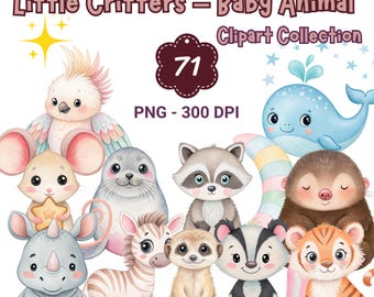 Watercolor Baby Animal Clipart Bundle: Jungle, Farm, Ocean (PNG)