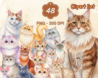 Watercolor Cat Breeds Clipart: Whimsical Kitty PNG Bundle