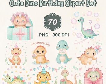 Pastel Dinosaur Birthday Clipart – 70 Dino Graphics (Digital Download)