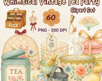 Vintage Tea Party Clipart: Whimsical Cottagecore PNG Graphics (Digital Download
