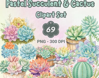 Pastel Succulent Clipart: Watercolor Cactus PNG Files (Digital Download